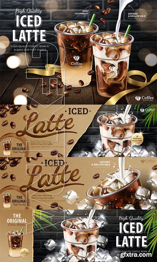 Iced latte ads in 3d vector illustration