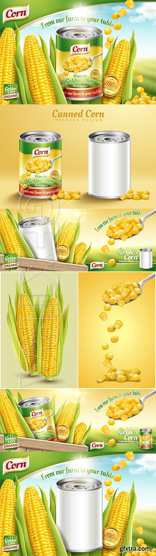 Organic canned corn ads in 3d vector illustration