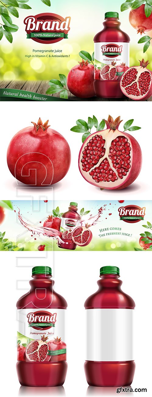 Pomegranates bottled juice ads in 3d vector illustration