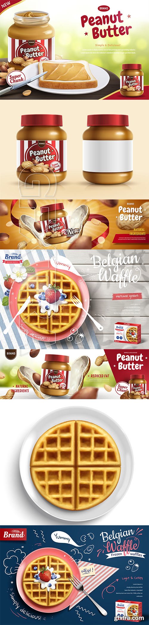 Peanut butter spread ads and waffle ads with fruit in 3d vector illustration