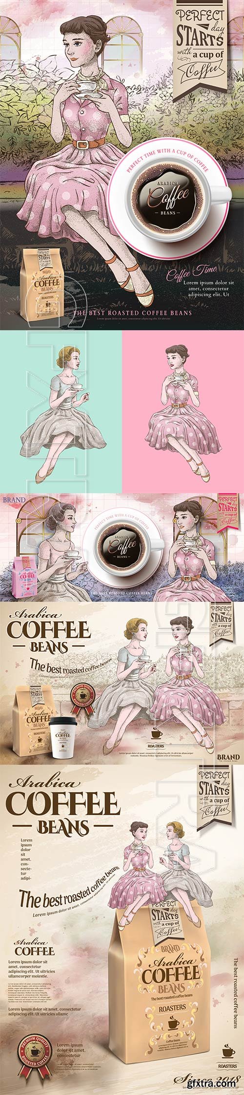 Retro coffee beans ads in 3d vector illustration