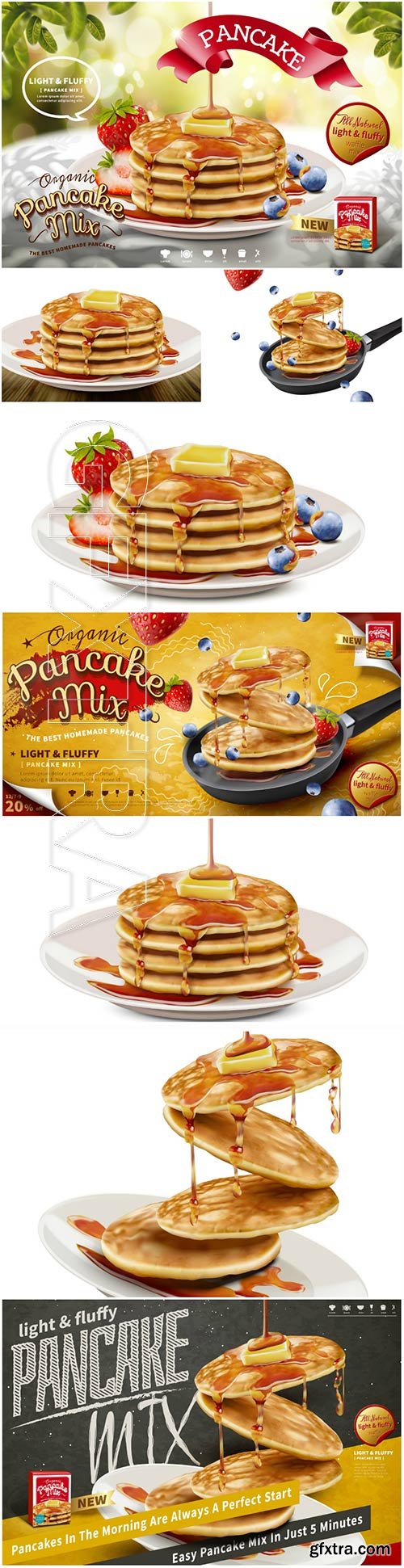 Delicious fluffy pancake ads in 3d vector illustration