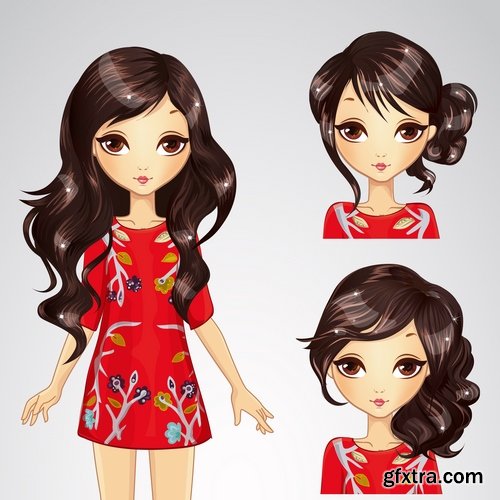 Female girl cartoon character in different clothes hairstyle 25 EPS