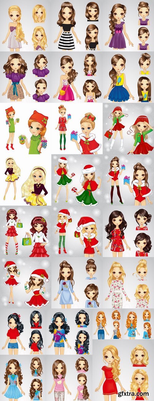 Female girl cartoon character in different clothes hairstyle 25 EPS