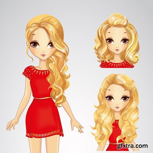 Female girl cartoon character in different clothes hairstyle 25 EPS