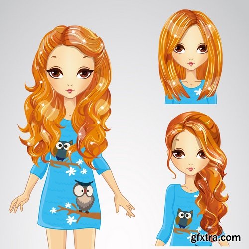 Female girl cartoon character in different clothes hairstyle 25 EPS