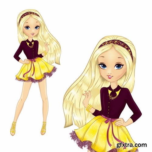 Female girl cartoon character in different clothes hairstyle 25 EPS