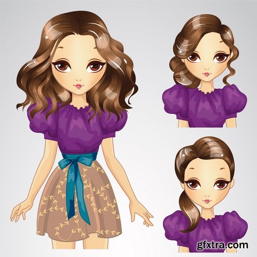 Female girl cartoon character in different clothes hairstyle 25 EPS