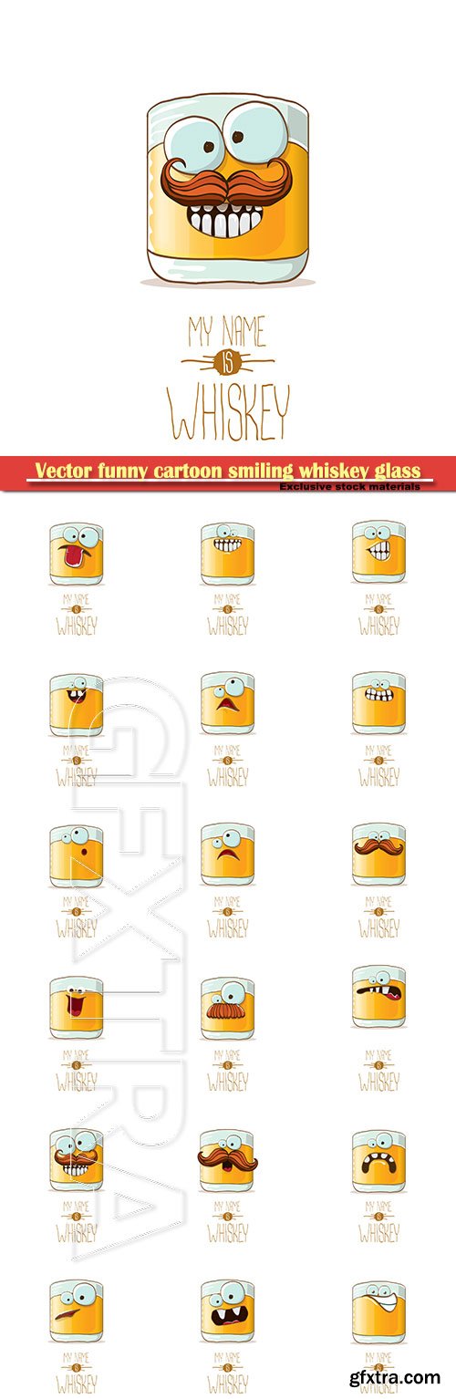 Vector funny cartoon smiling whiskey glass character, alcoholic character icon for bars label or menu