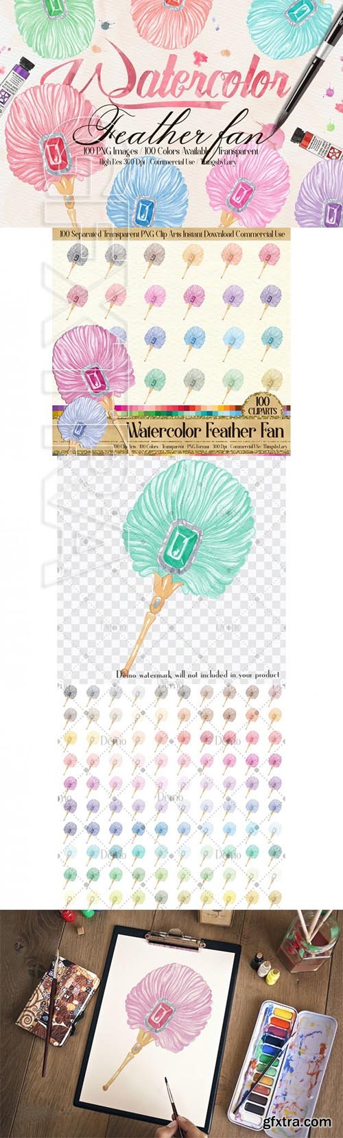 100 Hand Painted Watercolor Handy Feather Fan Clip Arts