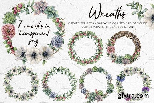 CreativeMarket White&Green Watercolor Anemone Set 2537741