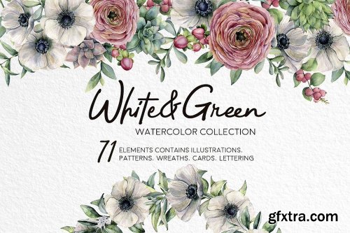 CreativeMarket White&Green Watercolor Anemone Set 2537741