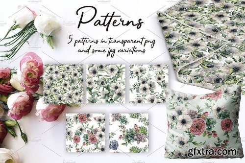 CreativeMarket White&Green Watercolor Anemone Set 2537741