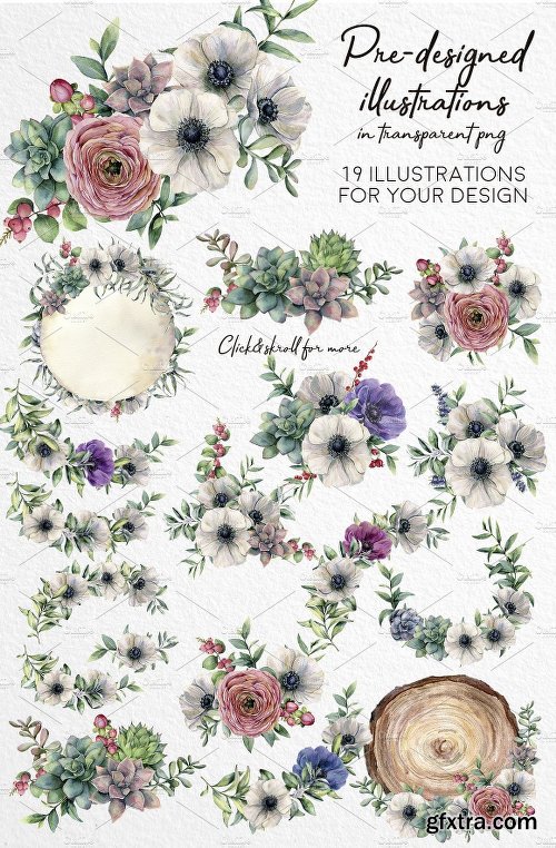 CreativeMarket White&Green Watercolor Anemone Set 2537741