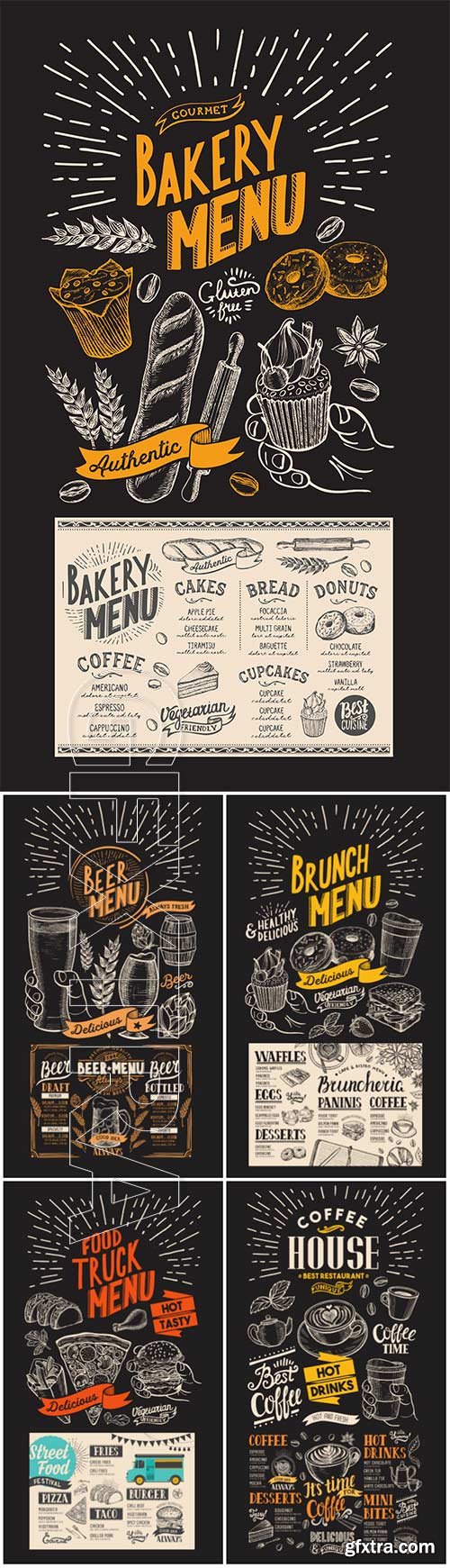 Vector food restaurant menu, design template with vintage hand-drawn flyer for bar and cafe
