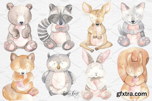 CreativeMarket Watercolor Animals Flowers Clipart 2540165