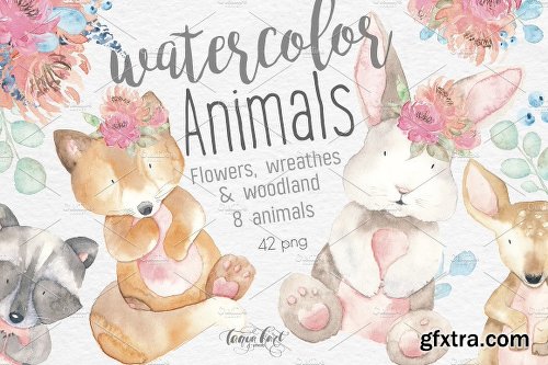 CreativeMarket Watercolor Animals Flowers Clipart 2540165