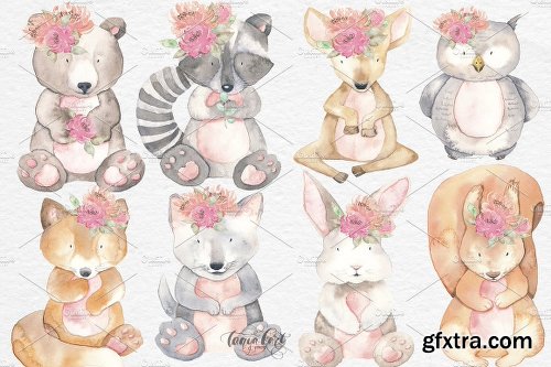 CreativeMarket Watercolor Animals Flowers Clipart 2540165