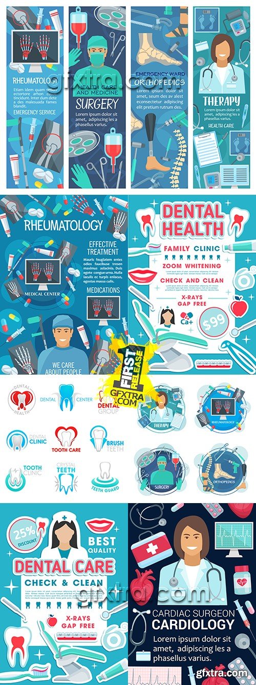 Medicine diagnostics health and treatment collection illustrations