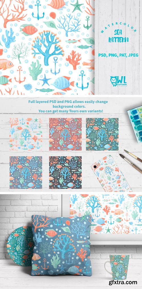 Designbundles - Sea Life Watercolor Seamless Pattern 36909