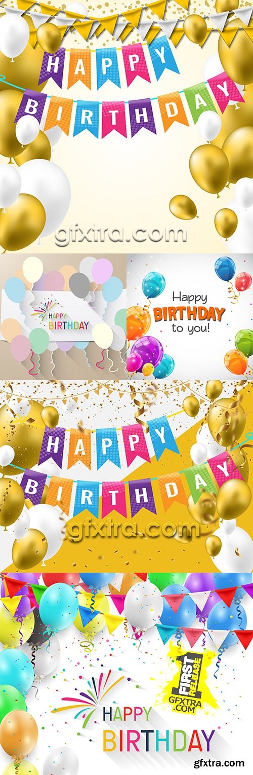 Colorful ballons and confetti holiday birthday background