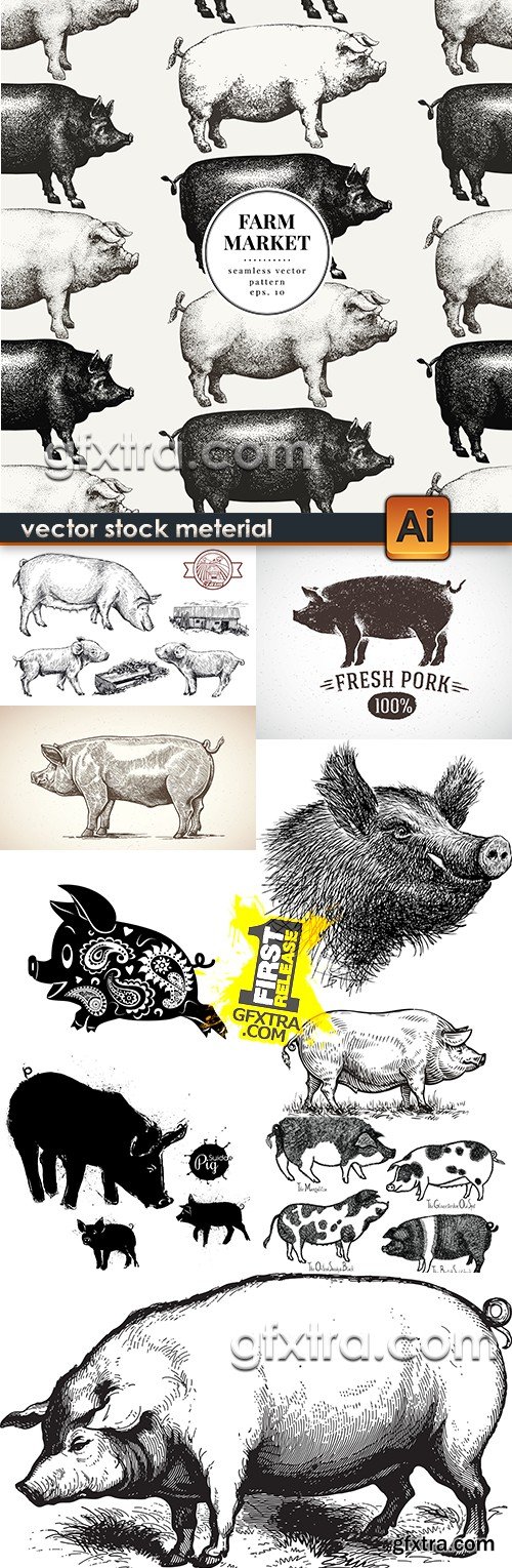 Pig pet sketch by hand drawn design collection illustrations