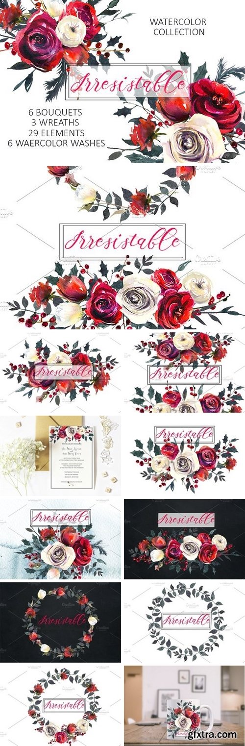 CM - Red Roses Watercolor Clipart Set 1076143