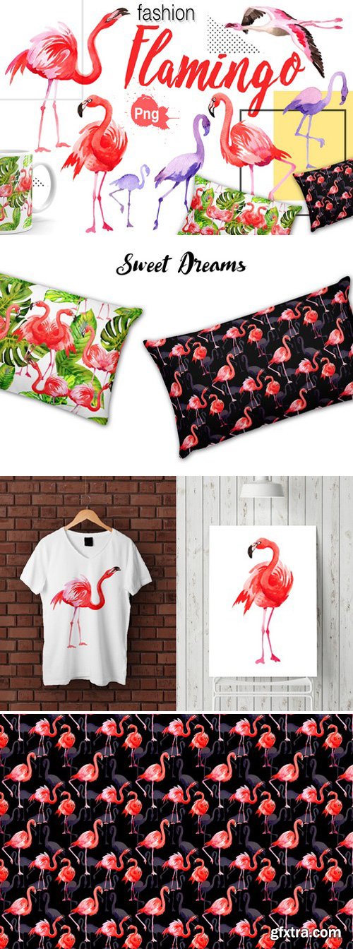 Flamingo fashion watercolor PNG set