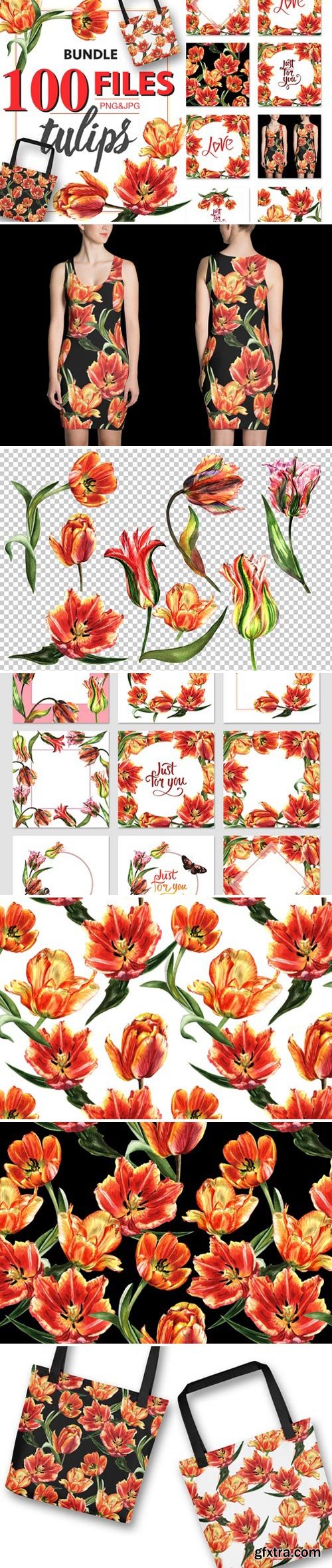 Tulip PNG watercolor flower set