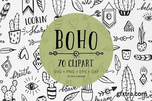 Boho cactus feather arrow svg clipart doodles