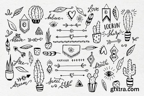 Boho cactus feather arrow svg clipart doodles