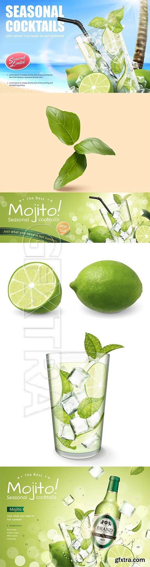 Seasonal cocktail mojito drinks, vector 3d illustration