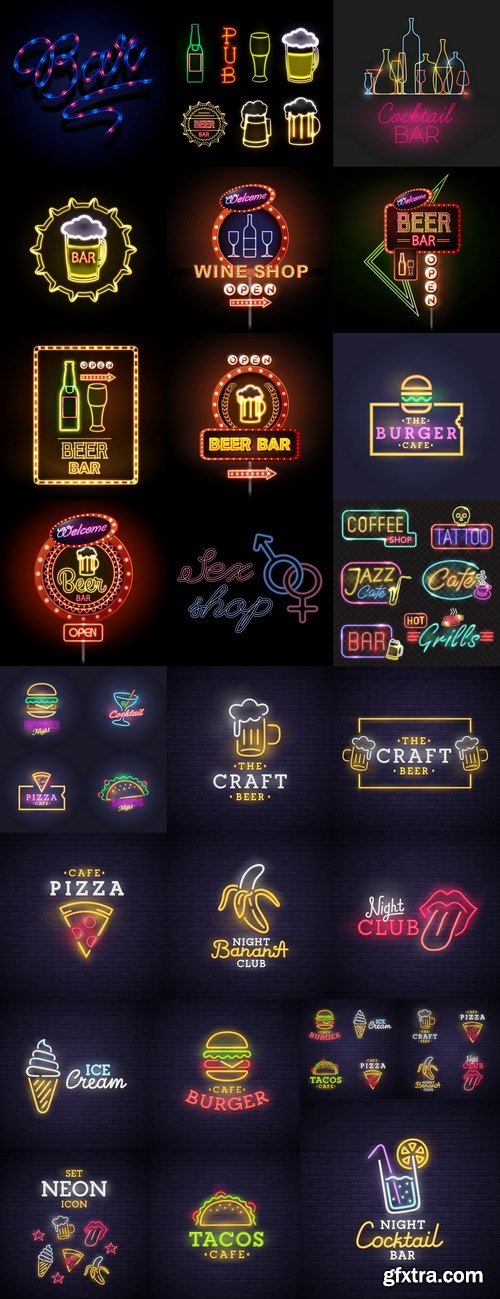 Neon signboard bar restaurant store advertising signpost 25 EPS