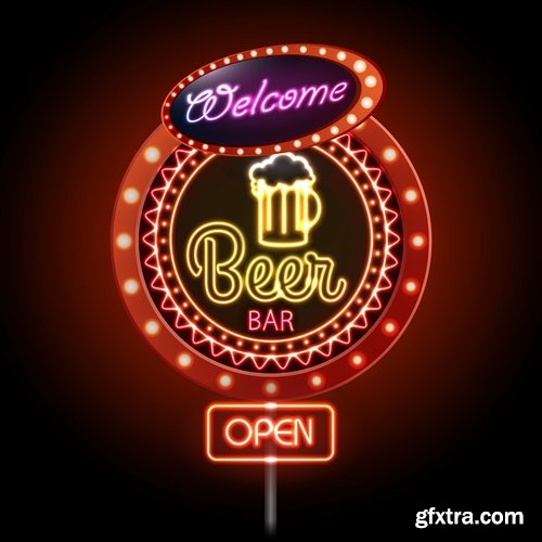 Neon signboard bar restaurant store advertising signpost 25 EPS