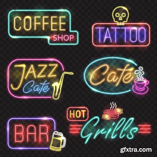 Neon signboard bar restaurant store advertising signpost 25 EPS