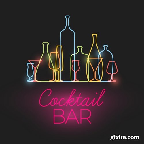 Neon signboard bar restaurant store advertising signpost 25 EPS