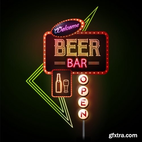 Neon signboard bar restaurant store advertising signpost 25 EPS