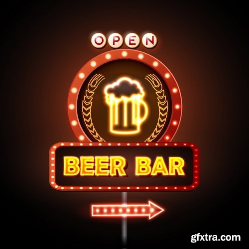 Neon signboard bar restaurant store advertising signpost 25 EPS