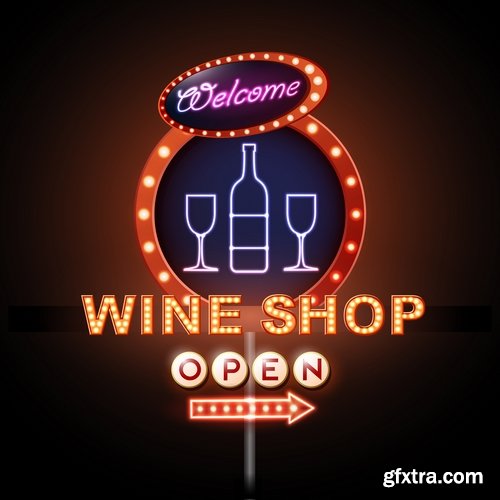 Neon signboard bar restaurant store advertising signpost 25 EPS