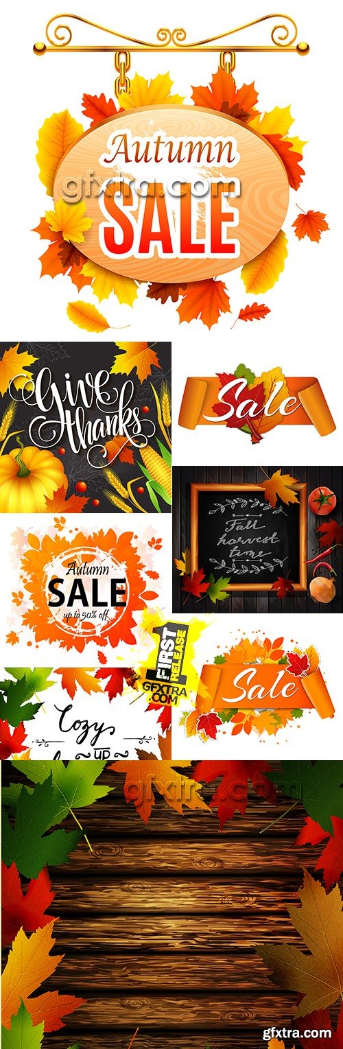 Autumn sale and leaves wooden background