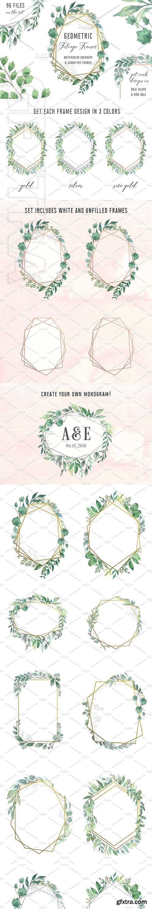 CreativeMarket - Watercolor Geometric Foliage Frames 2906774