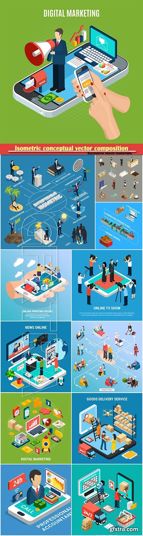 Isometric conceptual vector composition, infographics template # 21