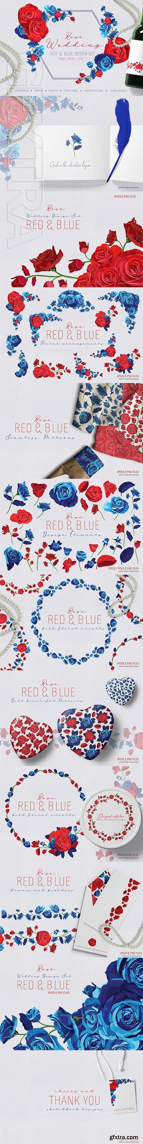 CreativeMarket - Rose Wedding Red and Blue Design Set 2897785