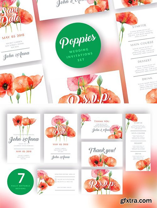 CreativeMarket - Red Poppies Wedding Invitation Set 2839541