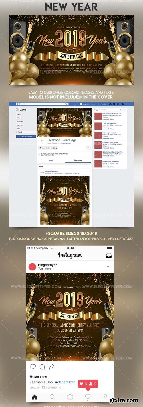 New Year V1 2018 Facebook Event + Instagram template + Youtube Channel Banner