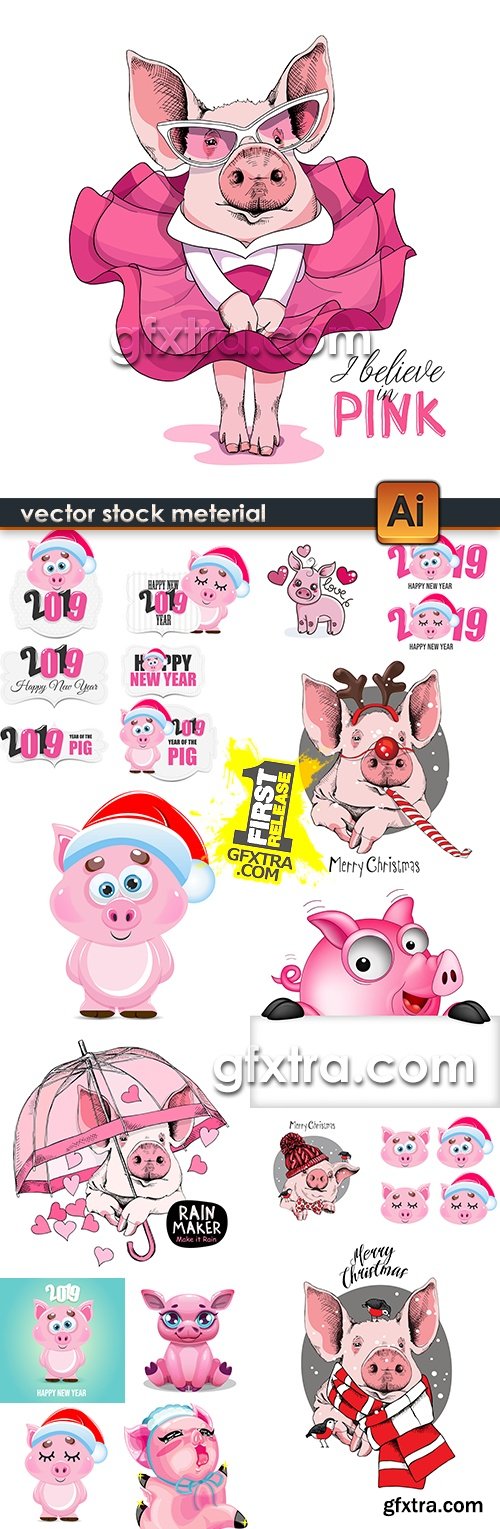 Pink pig funny collection symbol 2019 New years