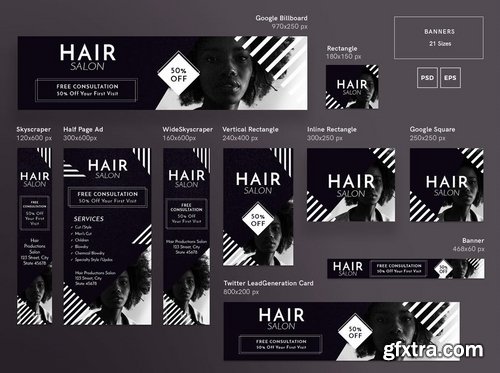 Hair Salon Social Media Pack Flyer and Poster Banner Pack Templates