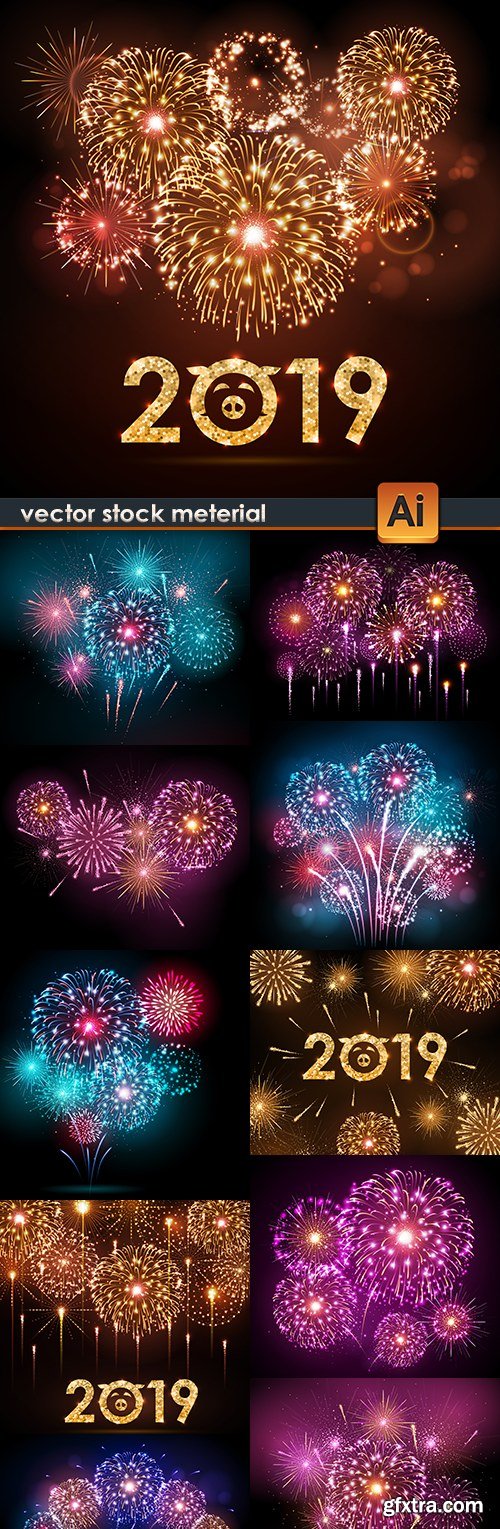 Festive fireworks and salute New Year 2019 illustrations