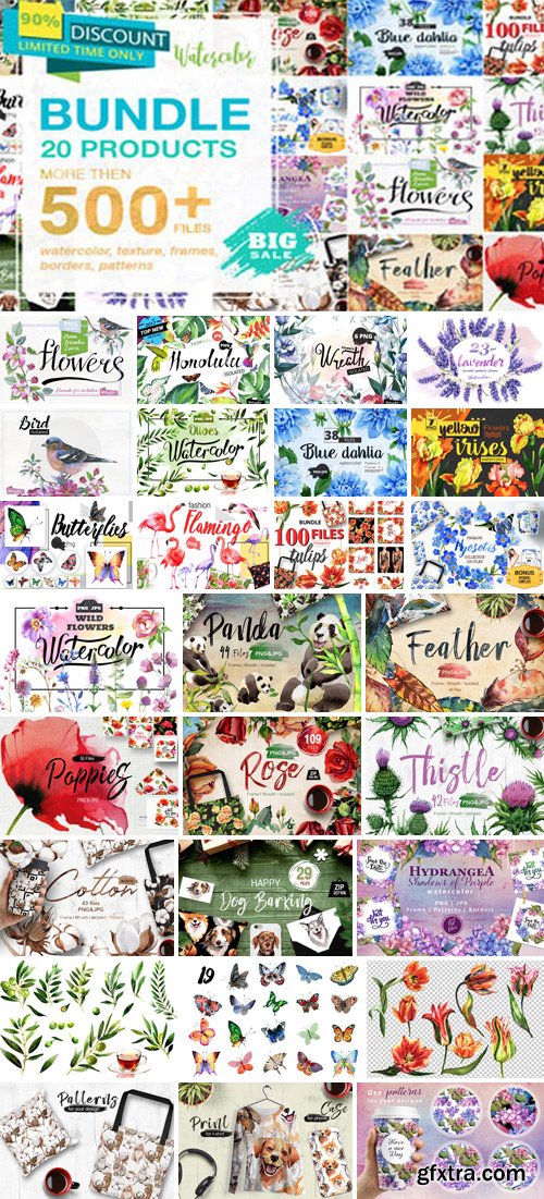 Watercolor Mega Bundle - 20 Sets with over 500 Graphics