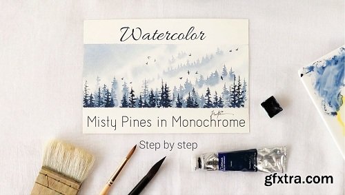 Watercolor Misty Pines in Monochrome - Step by Step